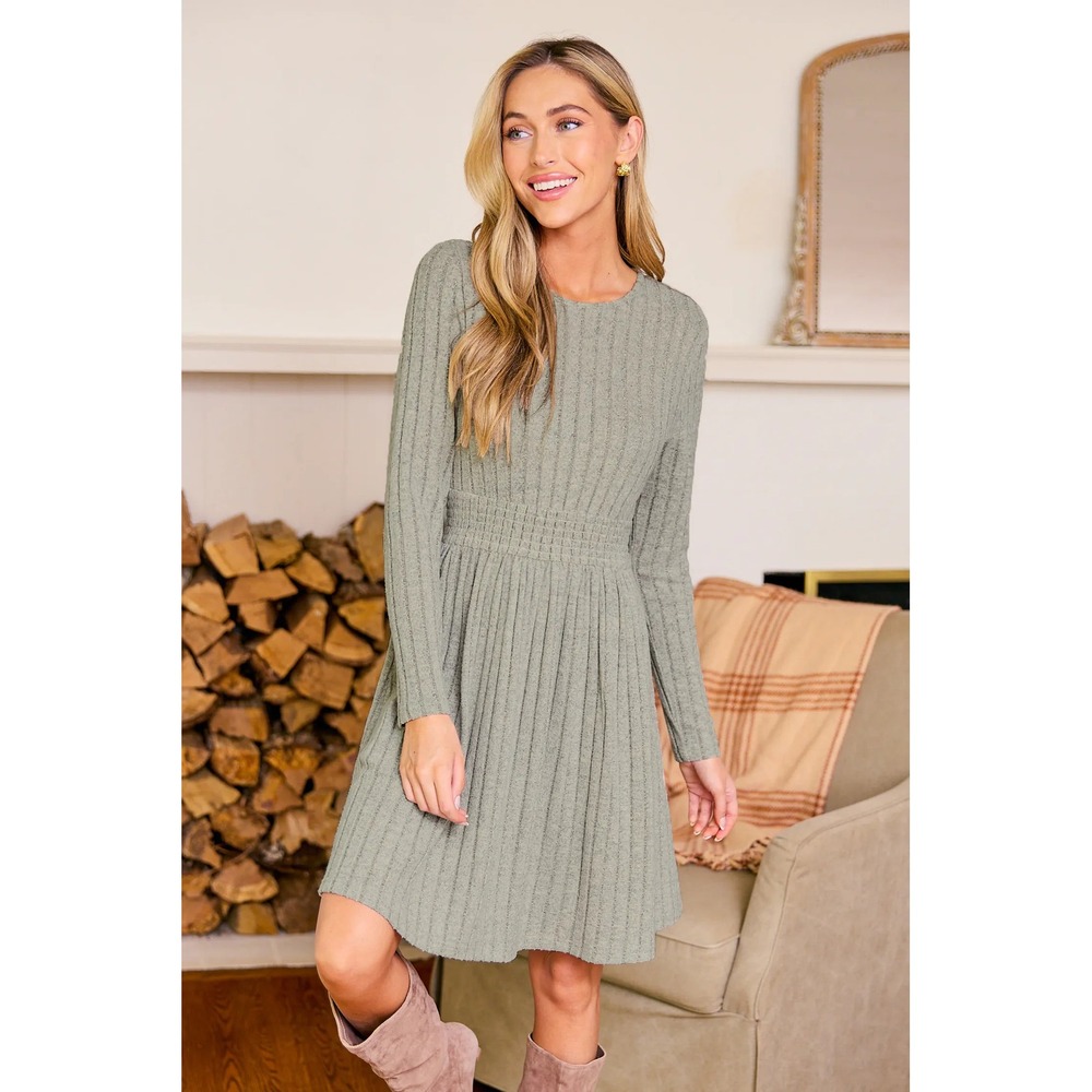 Cupshe Sage Green Ribbed Knit Smocked Waist Long Sleeve Fit and Flare Mini Dress - Picture 4 of 8